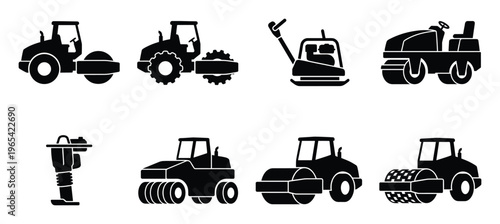 Road construction machinery and asphalt roller compactor icons for paving and soil compaction projects