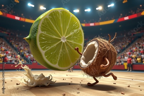 A giant, floating slice of lime aggressively wrestling a hairy brown coconut in a zero gravity arena.