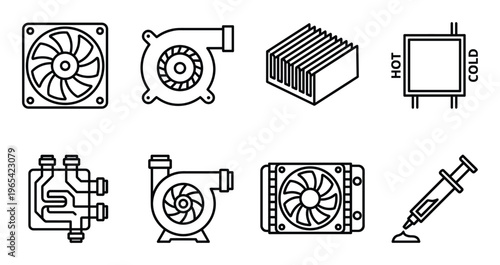 Set computer cooler, fan, heatsink, heat and cold plate, water block, and cooling syringe icon