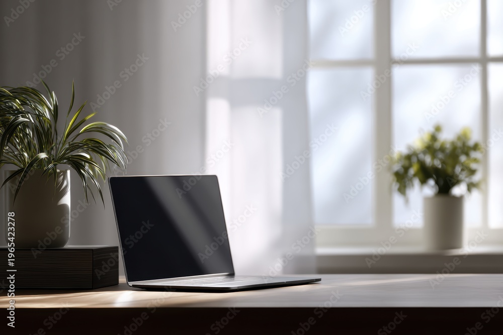 Fototapeta premium Stylish workspace desk with laptop and indoor plants near window