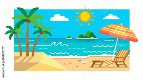 Tropical beach illustration with golden sand, blue ocean, palm trees, sun, and a lounge chair under an umbrella, inviting a peaceful summer vacation