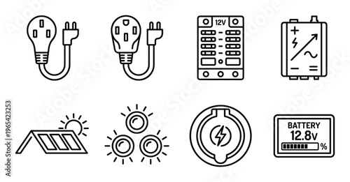 Set of black and white electric current icons on transparent background