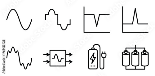 Set of black and white electrical current waves and power icons