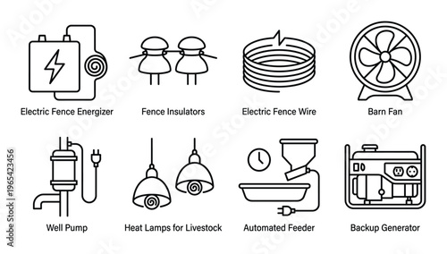 Set of black and white farming and livestock equipment icons on transparent background