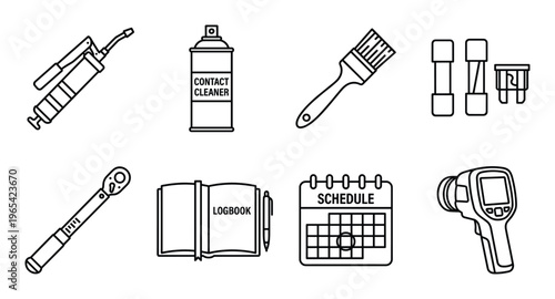 Set of black and white maintenance and inspection tools icons on transparent background