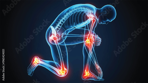 Illuminating the Aches: A digitally rendered visualization of the human body highlighting areas of pain within the skeletal structure, reflecting conditions and discomfort.