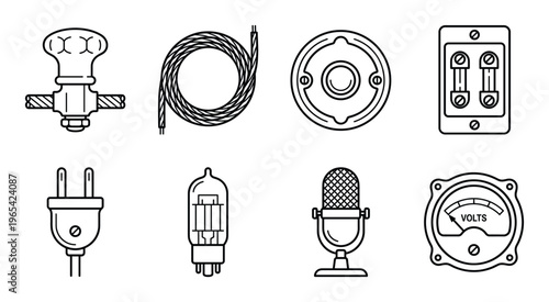 Set of black line icons for electrical and audio components on transparent background