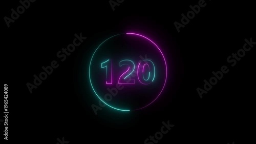 A circle animation, and glowing neon number 120 animation. on a black background.4k video