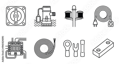 Set of black line icons for electrical switches, pumps, and wiring components on transparent background