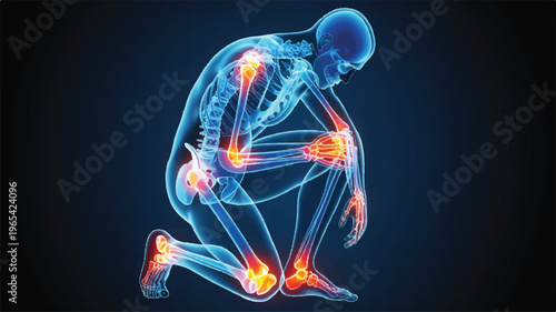 Body in Pain: A striking medical illustration unveils the human body's skeletal and joint structure, highlighting areas afflicted by inflammation, depicting the essence of physical suffering.