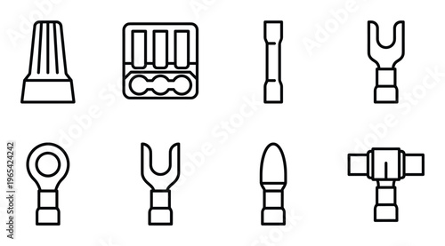Set of black line icons for electrical wire connectors and terminals on transparent background