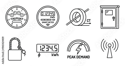 Set of black line icons for electricity metering and power management on transparent background