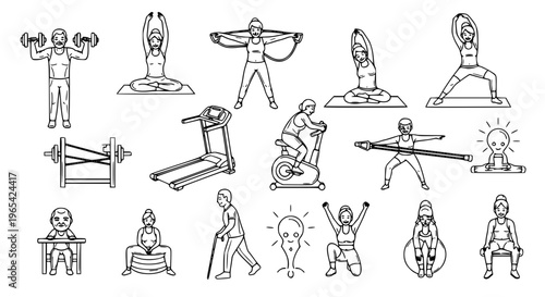 Detailed workout seniors outline icon set with elderly fitness, stretching, and exercise illustrations