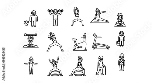Modern workout seniors outline icons collection with elderly fitness, yoga, and exercise illustrations