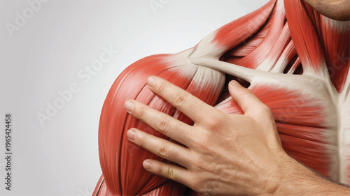 Shoulder anatomy: a detailed view of the shoulder, showcasing muscles, tendons, and skeletal structure.