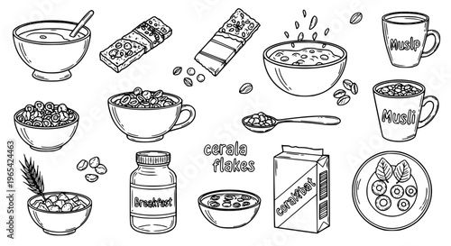 Detailed breakfast cereal outline icon set with granola, cereal bowl, and snack bar illustrations