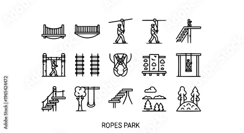 Modern rope park outline icons collection with climbing, zipline, and forest adventure illustrations