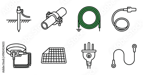 Set of electrical grounding icons, such as ground rod, clamp, cable, antistatic wrist strap
