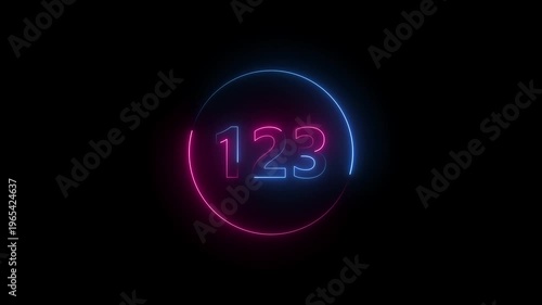 A circle animation, and glowing neon number 123 animation. on a black background.4k video