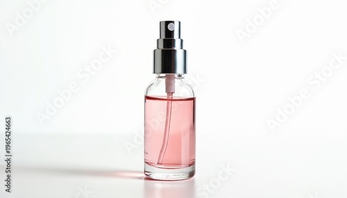 Clear glass spray bottle with pink liquid and silver pump sits on white surface. Small transparent container for cosmetic products like perfume or serum.