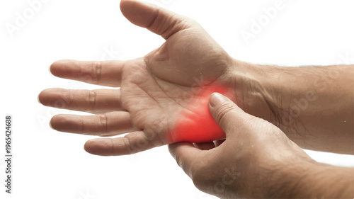 Hand Pain Focus: A close-up shot of a hand highlighting a source of pain and discomfort, likely due to injury or strain. The illustration is a visual guide for the topic of health.