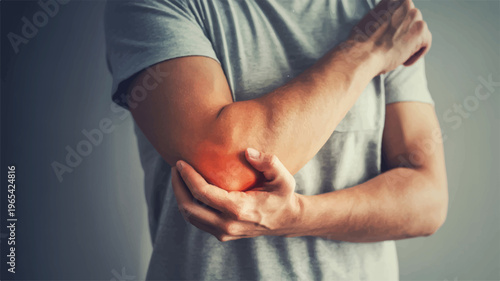 Elbow Discomfort: A person's hand tenderly cradles an elbow, visually emphasizing the site of pain, highlighting themes of health, medicine, and bodily functions.