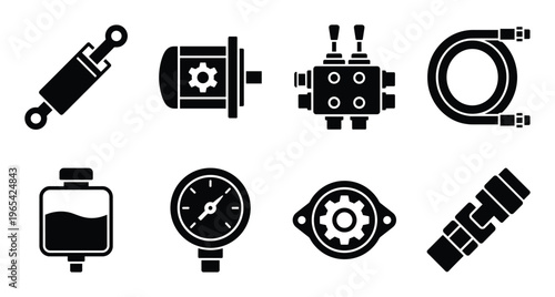 Set of hydraulic and industrial machinery parts icons collection of equipment elements