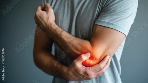 Elbow Pain: An individual holds their elbow with a pained expression, highlighting the presence of discomfort or injury, perfect for illustrating healthcare or health condition related projects.