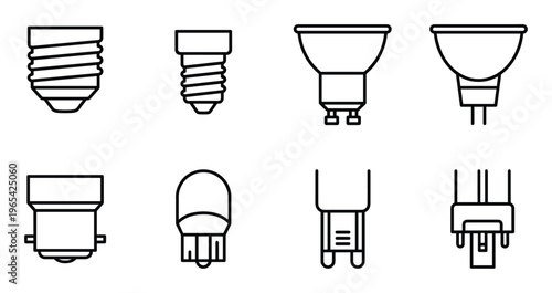 Set of light bulb icons, such as screw base bulb, led bulb, halogen bulb, car light bulb