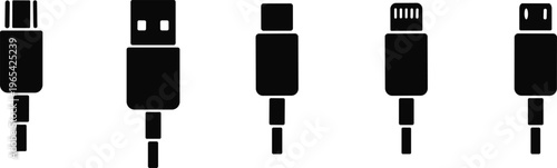 USB cable port icon set. USB type C, A, lightning and micro mobile phone charger vector illustration collection. Plug adapter symbol. Electronic device connector. Smartphone charger sign.