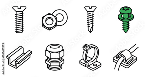 Set screw, nut and bolt, industry metallic bolt, and cable tie icon
