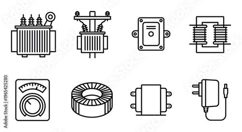 Set of transformer icons, such as electric transformer, power box, current transformer, voltmeter