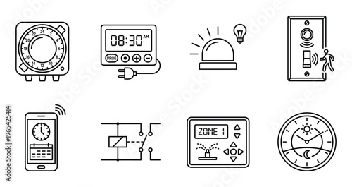 Smart home automation control system icons featuring timers sensors and irrigation management panels