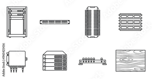 Set server, patch panel, and wooden board icon