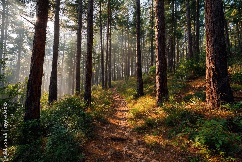 Fototapeta premium Sunlit path winds through tall trees in a dense, verdant forest