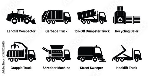 Waste management and sanitation heavy vehicle silhouette icons set with garbage trucks and compactors