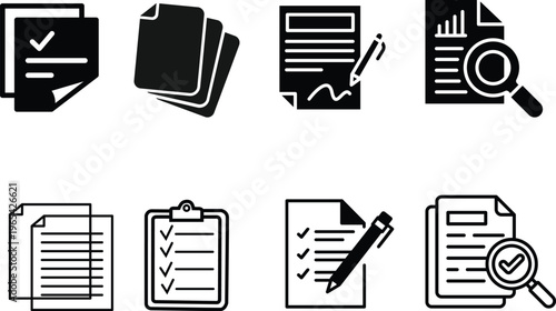 Business Document and Checklist Icons Set: Paperwork, Forms, Reports, Signatures, and Approval Symbols for Office Administration