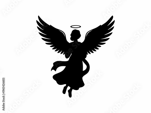 Black silhouette of a flying angel with large wings and halo isolated on white background