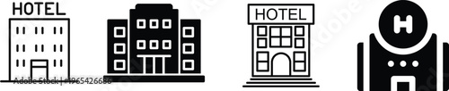 Hotel Building Icons Set: Diverse minimalist illustrations for accommodation, travel, and hospitality services, featuring outline and glyph styles.
