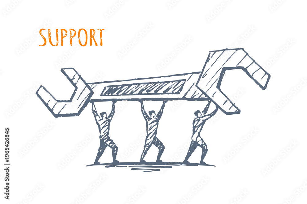 Obraz premium Support Sketch - team carrying giant wrench together