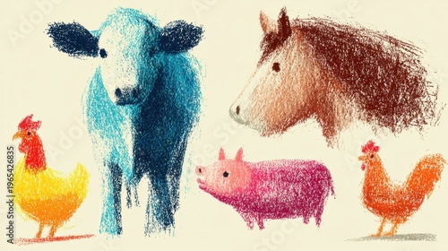 Farm animals in bright colors showing a cow, horse, pig, and chickens