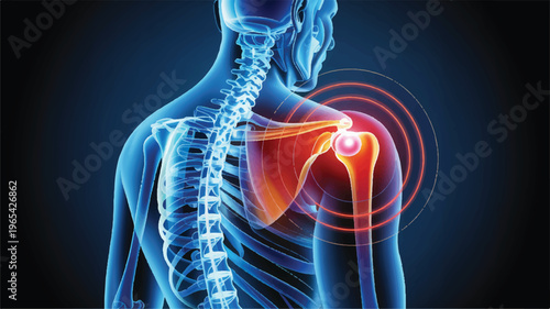 Shoulder Pain Illustration: Medical illustration depicting shoulder pain, with highlighted inflammation and skeletal structure.