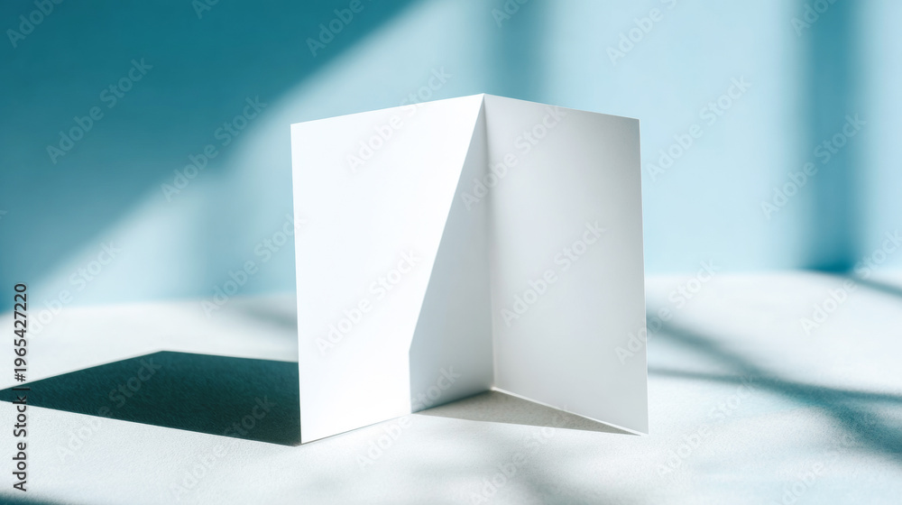 Fototapeta premium Blank folded brochure or leaflet mockup standing on a light surface with sunlight and cast shadows, perfect for design presentation