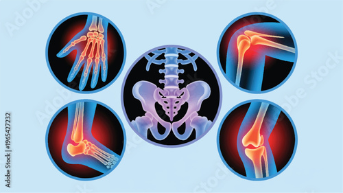 Joint Pain and Discomfort: A detailed medical illustration highlights key areas of joint pain and discomfort, offering a visual representation for healthcare, educational, or informative purposes. 