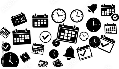 Modern scattered calendar and time icons with appointment reminders and scheduling symbols minimalist vector set