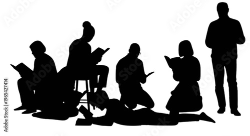 Silhouettes of people reading and relaxing