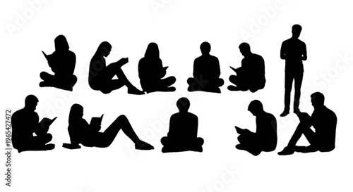 Silhouettes of people reading in various sitting positions