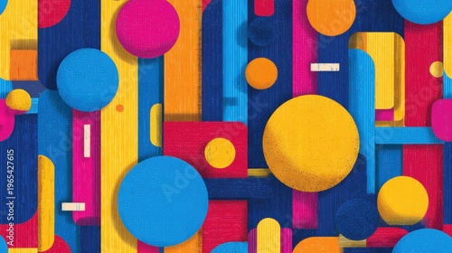 Colorful shapes create a modern design in bold hues on a textured backdrop