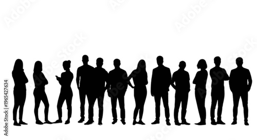 Silhouettes of diverse group of people standing in a line