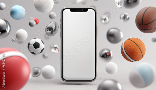 Smartphone Mockup with Floating Sports Balls and Metallic Spheres
